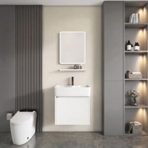 Ensemble Meuble de Salle de Bain Suspendu Compact avec Miroir et Étagère - Modèle 2034 (Blanc)