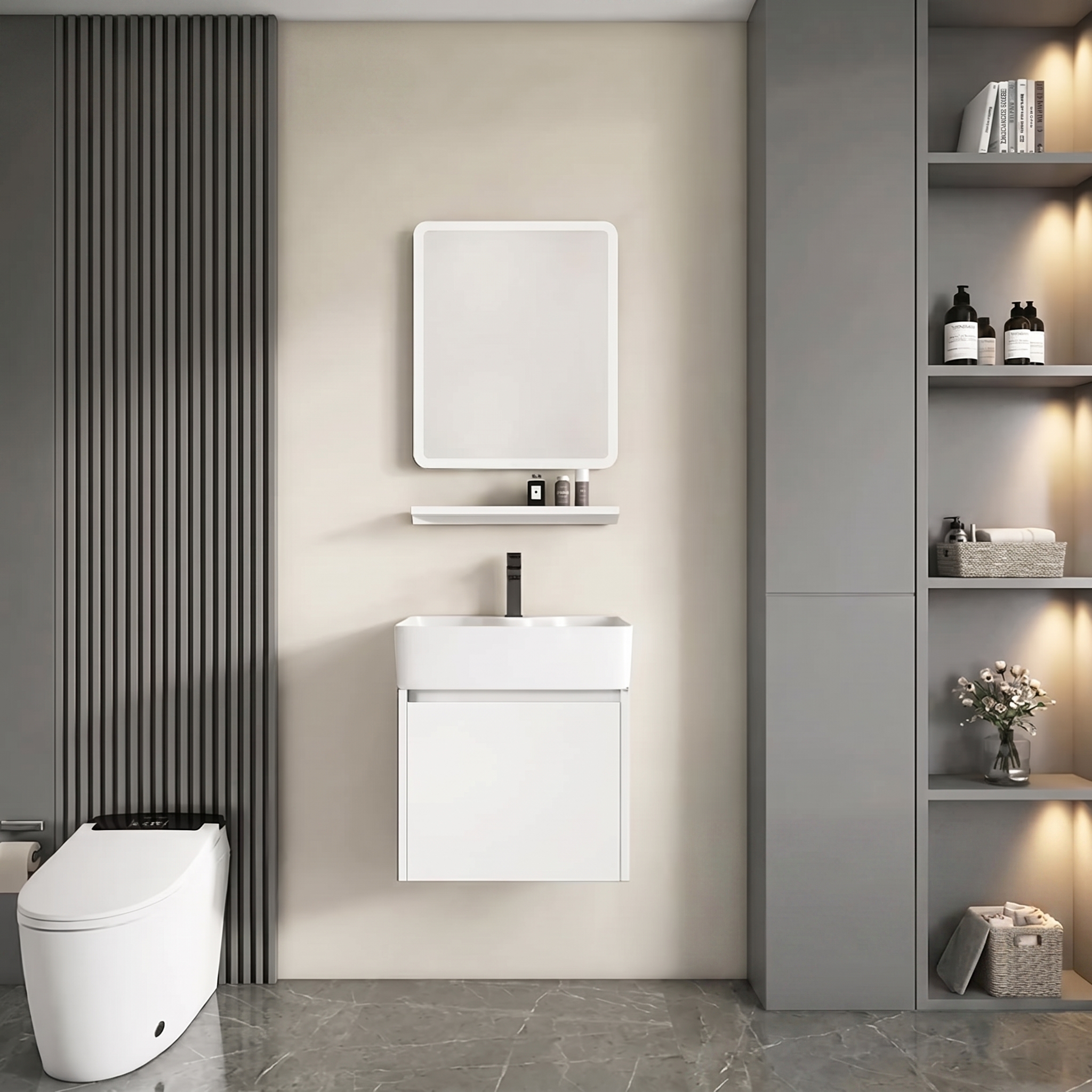 Pack Ensemble Meuble de Salle de Bain Suspendu Ultra-Compact avec Miroir et Étagère - Modèle 2034 (Blanc)