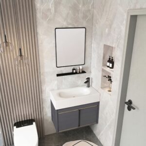 Ensemble Meuble de Salle de Bain Suspendu Compact à Portes Coulissantes avec Miroir et Étagère - Modèle 01 (Gris Foncé)