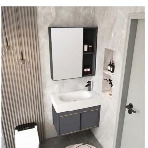 Ensemble Meuble de Salle de Bain Suspendu Compact à Portes Coulissantes avec Armoire de Toilette - Modèle 01 (Gris Foncé)