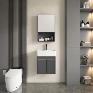 Ensemble Meuble de Salle de Bain Suspendu Ultra-Compact à Portes Coulissantes avec Armoire de Toilette - Modèle 01 (Gris Foncé)