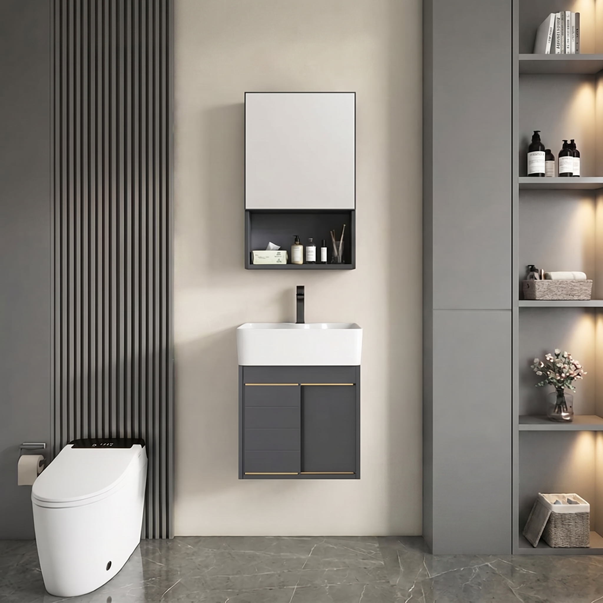 Pack Ensemble Meuble de Salle de Bain Suspendu Ultra-Compact à Portes Coulissantes avec Armoire de Toilette - Modèle 01 (Gris Foncé)
