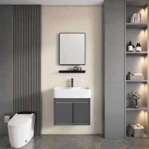 Ensemble Meuble de Salle de Bain Suspendu Compact à Portes Coulissantes avec Miroir et Étagère - Modèle 01 (Gris Foncé)
