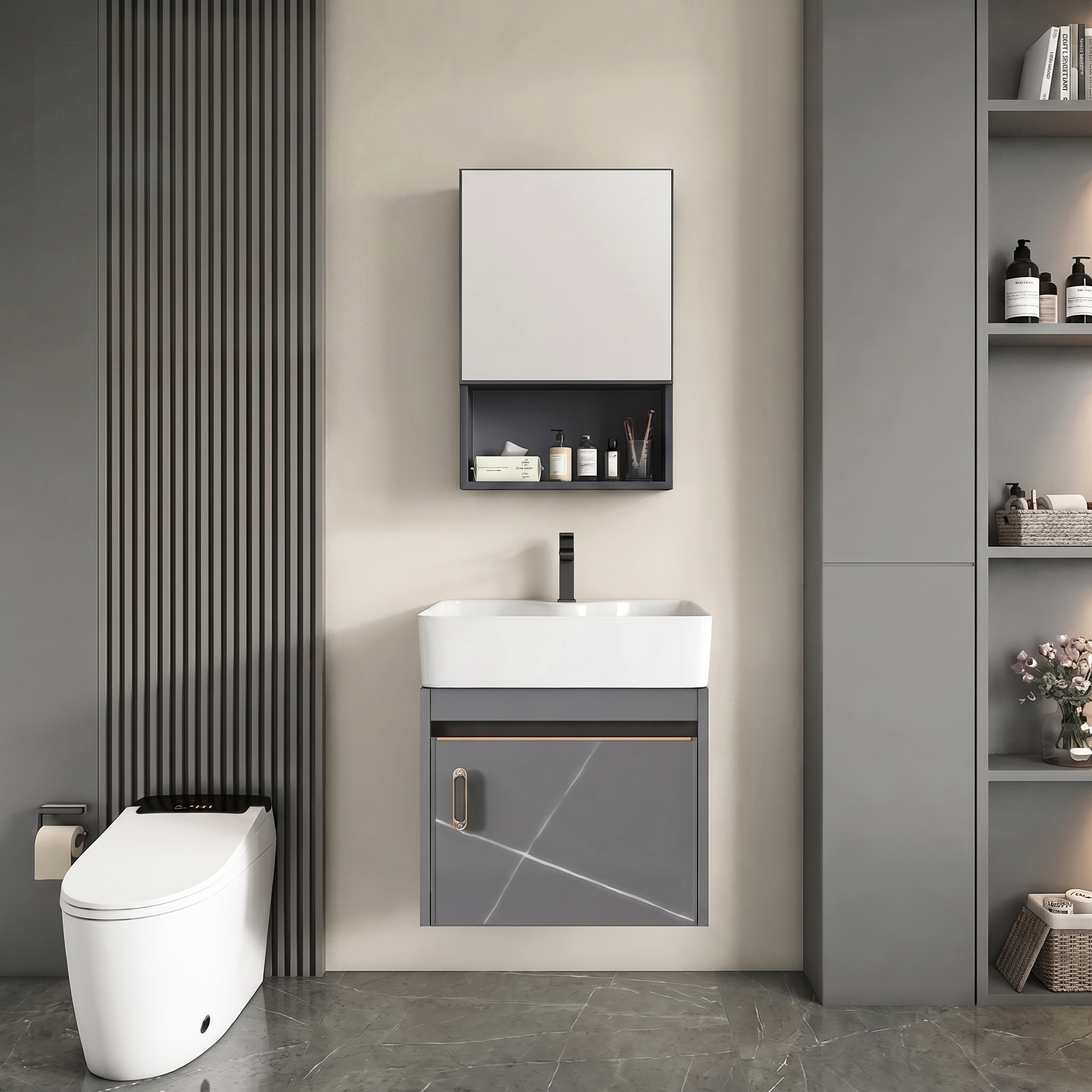 Pack Ensemble Meuble de Salle de Bain Suspendu avec Armoire de Toilette - Modèle 05 (Gris Mocha)