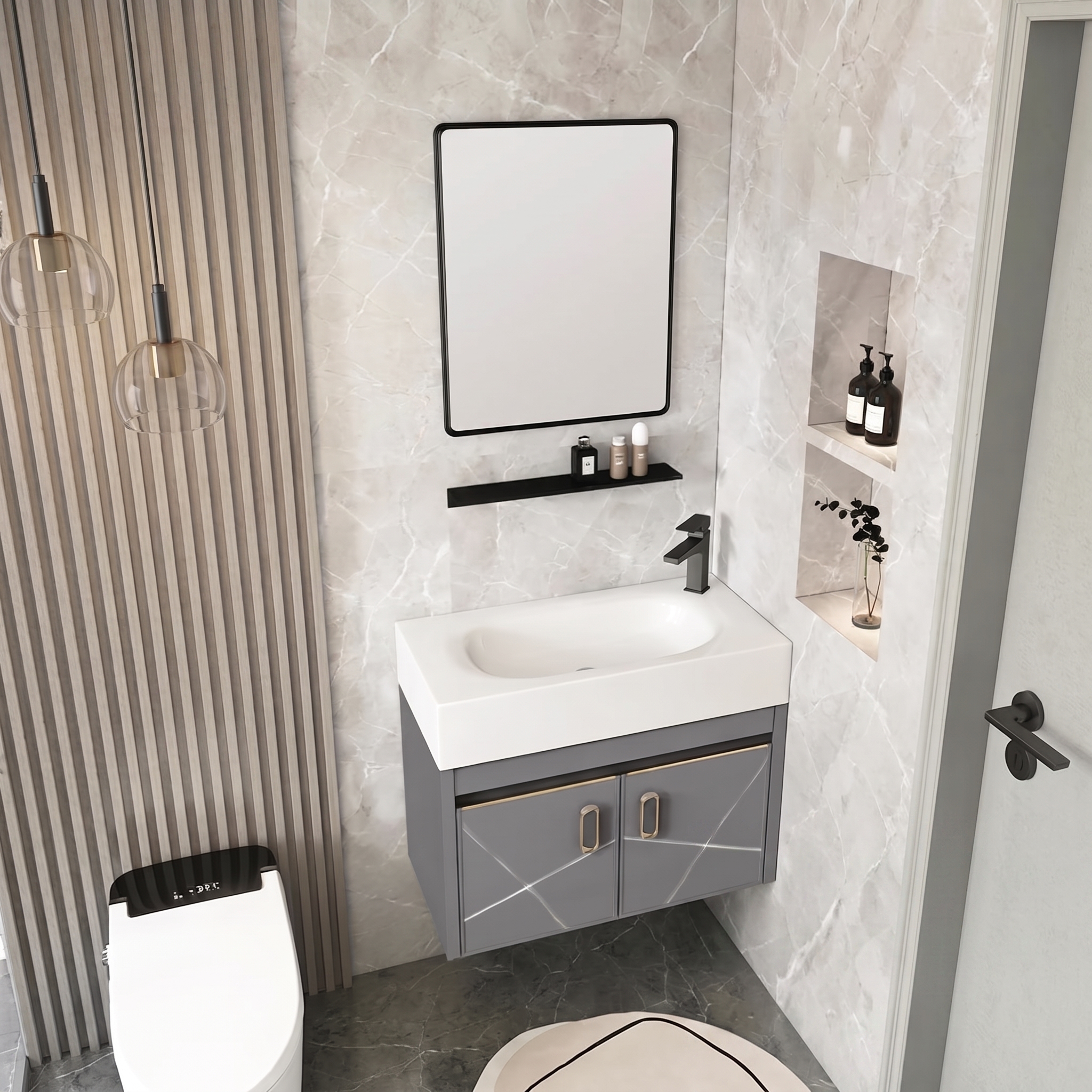 Pack Ensemble Meuble de Salle de Bain Suspendu Compact avec Miroir et Étagère - Modèle 05 (Gris Moka)