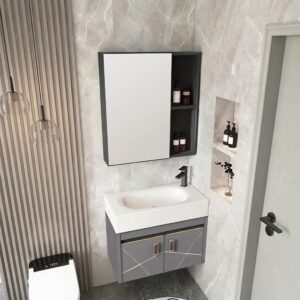 Ensemble Meuble de Salle de Bain Suspendu Compact avec Armoire de Toilette - Modèle 05 (Gris Moka)