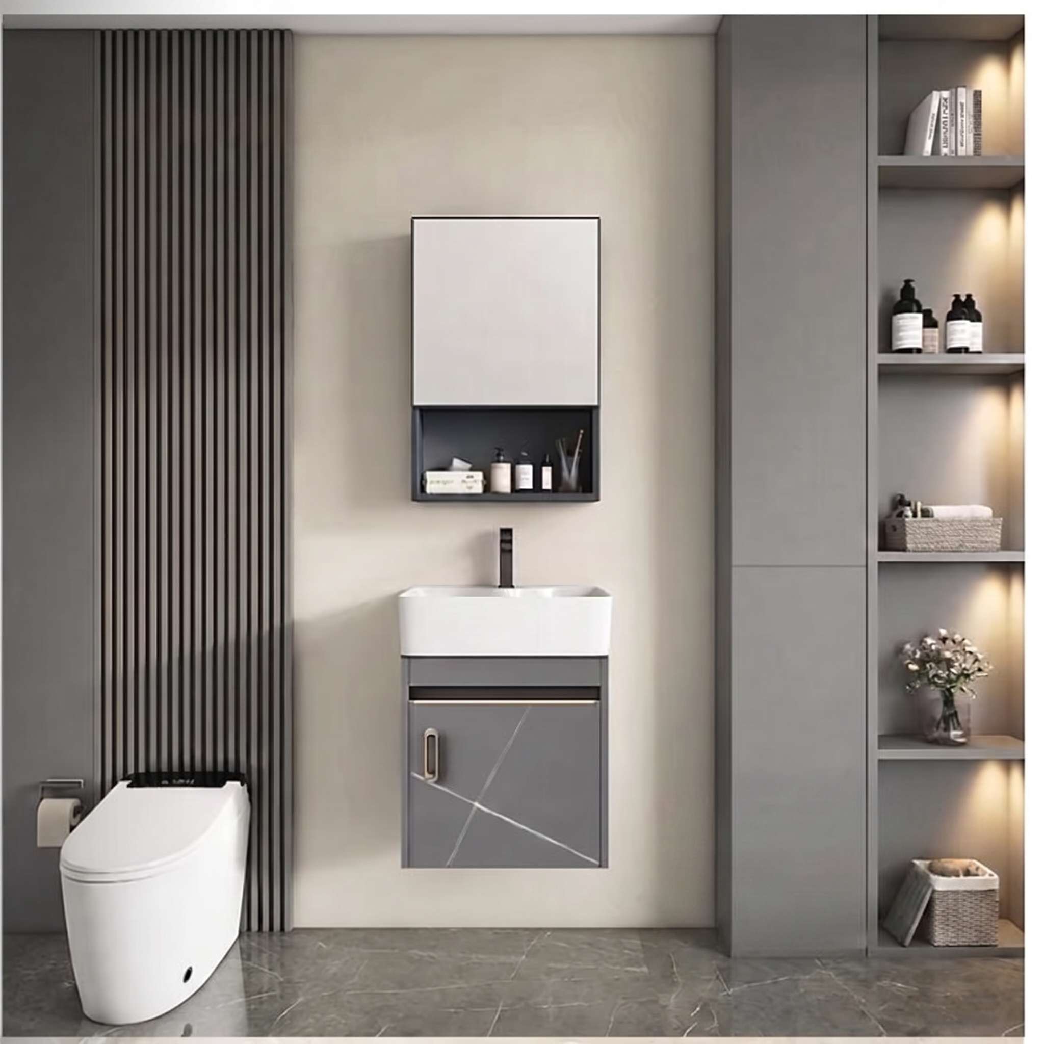 Pack Ensemble Meuble de Salle de Bain Suspendu Ultra-Compact avec Armoire de Toilette - Modèle 05 (Gris Moka)
