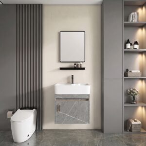 Ensemble Meuble de Salle de Bain Suspendu Compact avec Miroir et Étagère - Modèle 05 (Gris Moka)