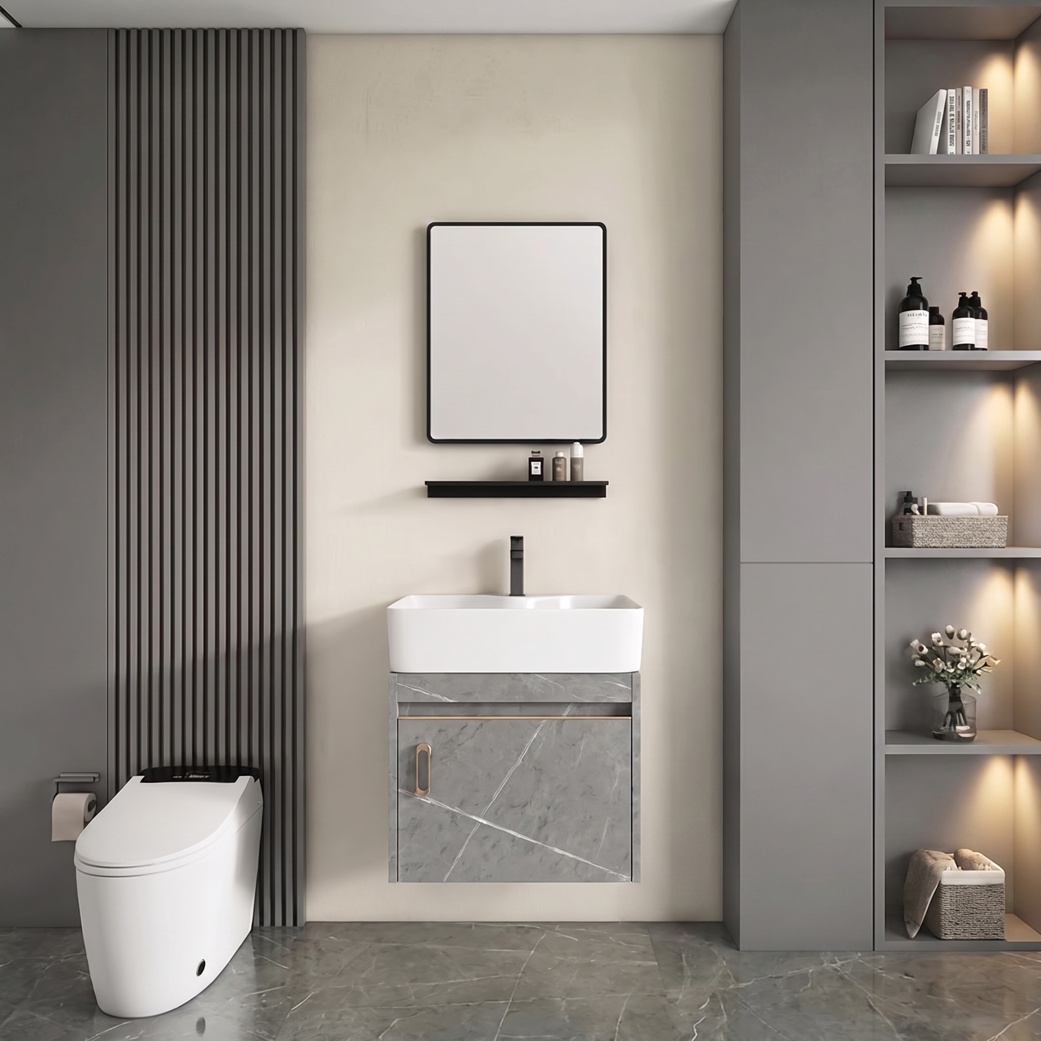 Pack Ensemble Meuble de Salle de Bain Suspendu Compact avec Miroir et Étagère - Modèle 05 (Gris Moka)