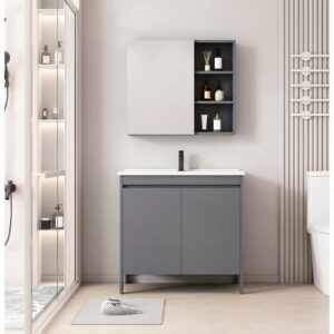 Ensemble Meuble de Salle de Bain sur Pieds avec Armoire de Toilette LED et Étagères - Modèle 2025 (Gris)