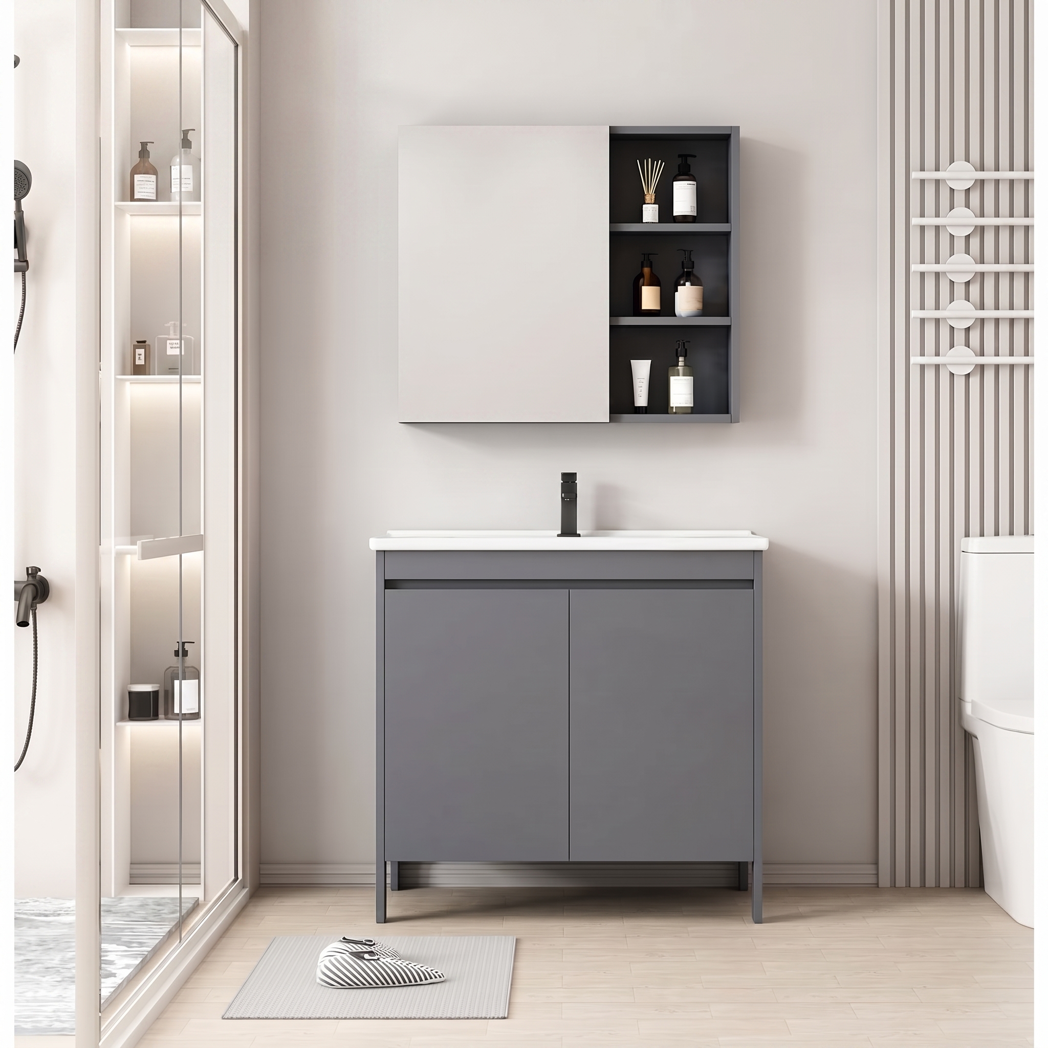 Pack Ensemble Meuble de Salle de Bain sur Pieds avec Armoire de Toilette LED et Étagères - Modèle 2025 (Gris)