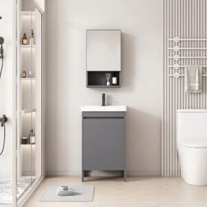 Ensemble Meuble de Salle de Bain Compact sur Pieds avec Armoire de Toilette - 50 cm (Gris)