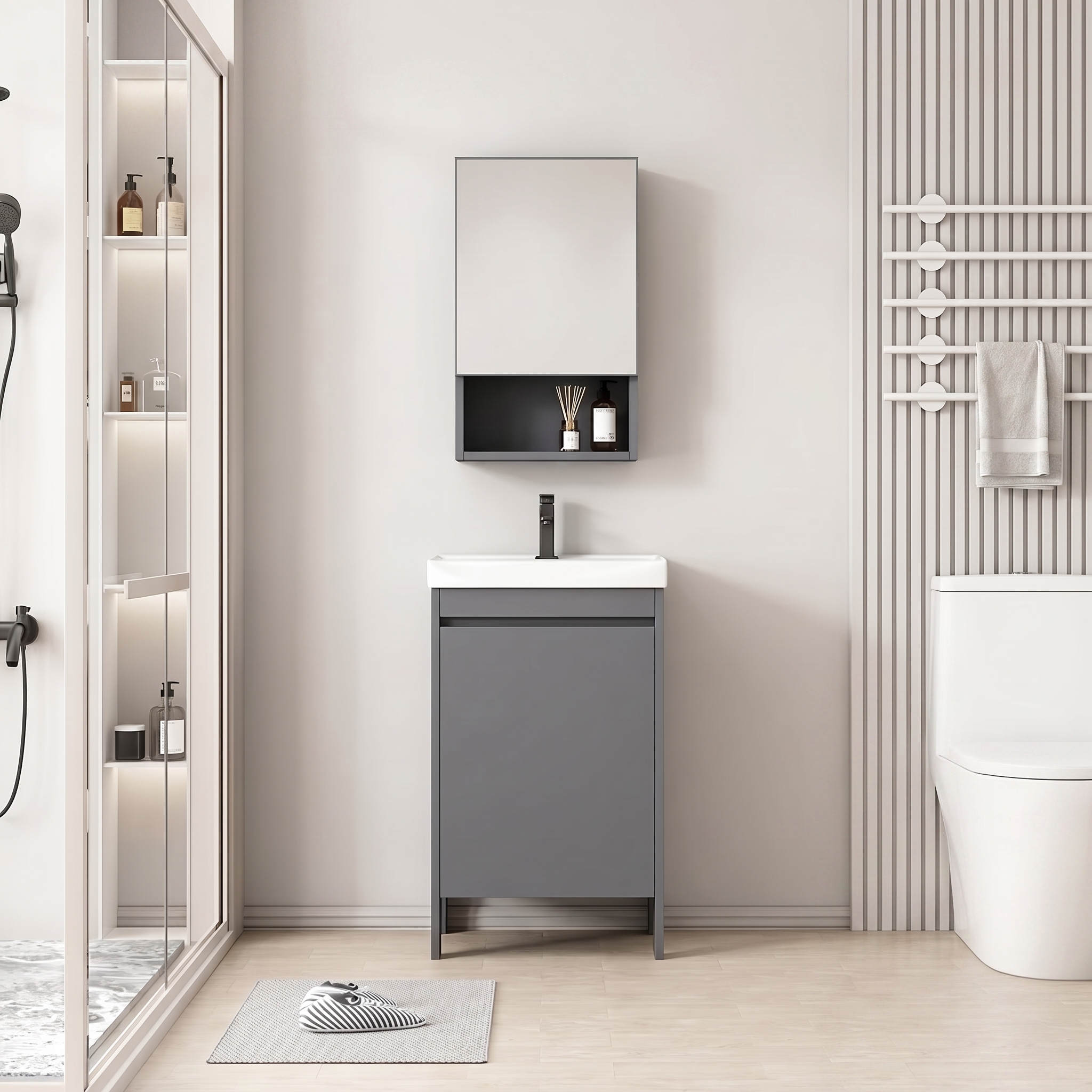 Pack Ensemble Meuble de Salle de Bain Compact sur Pieds avec Armoire de Toilette - 50 cm (Gris)