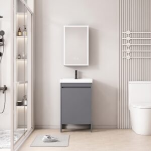Ensemble Meuble de Salle de Bain Compact sur Pieds avec Armoire de Toilette LED - 50 cm (Gris)
