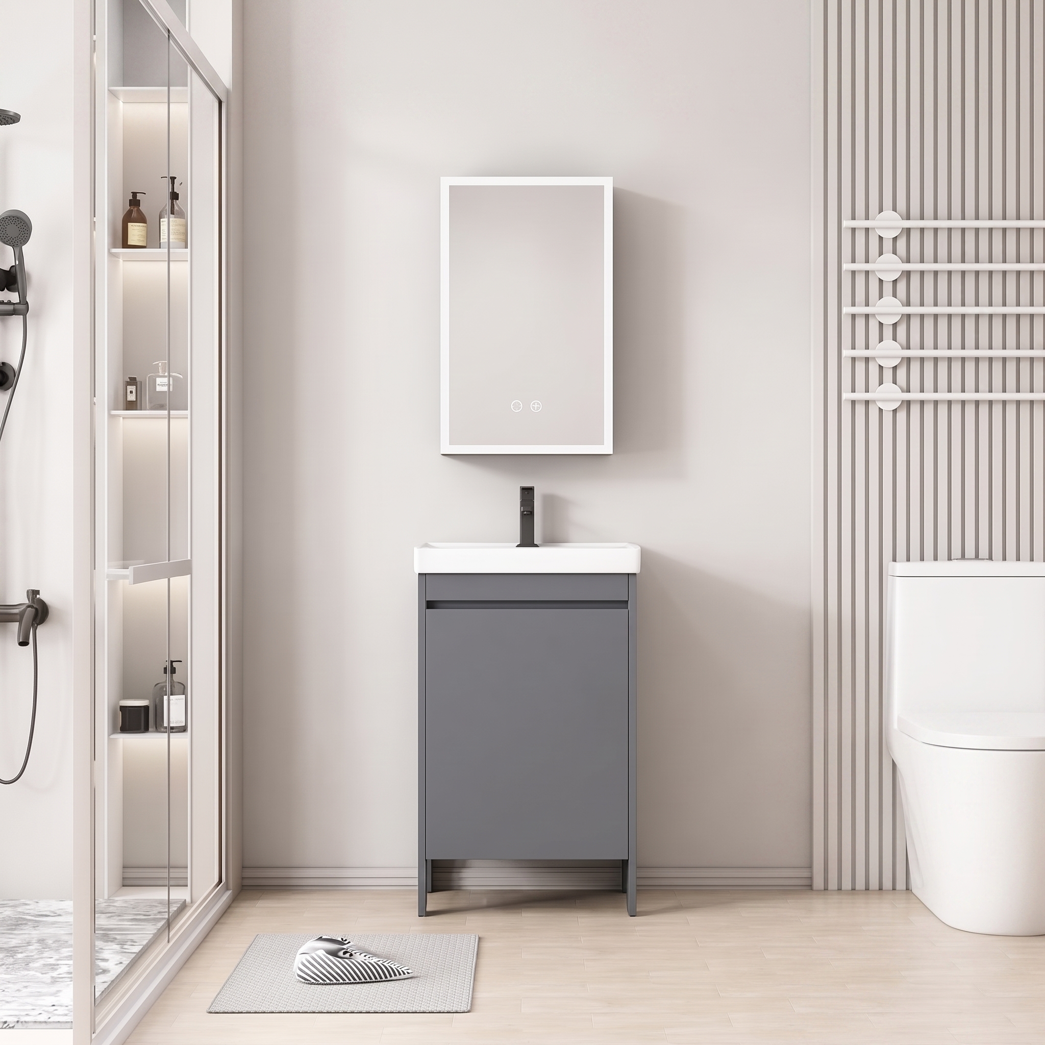Pack Ensemble Meuble de Salle de Bain Compact sur Pieds avec Armoire de Toilette LED - 50 cm (Gris)
