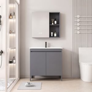 Ensemble Meuble de Salle de Bain sur Pieds avec Armoire de Toilette LED et Étagères Ouvertes - 70 cm (Gris)