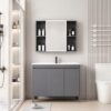 pack Ensemble Meuble de Salle de Bain Familial sur Pieds avec Armoire de Toilette LED Multi-Étagères - 90 cm (Gris)