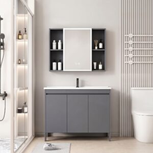 Ensemble Meuble de Salle de Bain Familial sur Pieds avec Armoire de Toilette LED Symétrique - 100 cm (Gris)