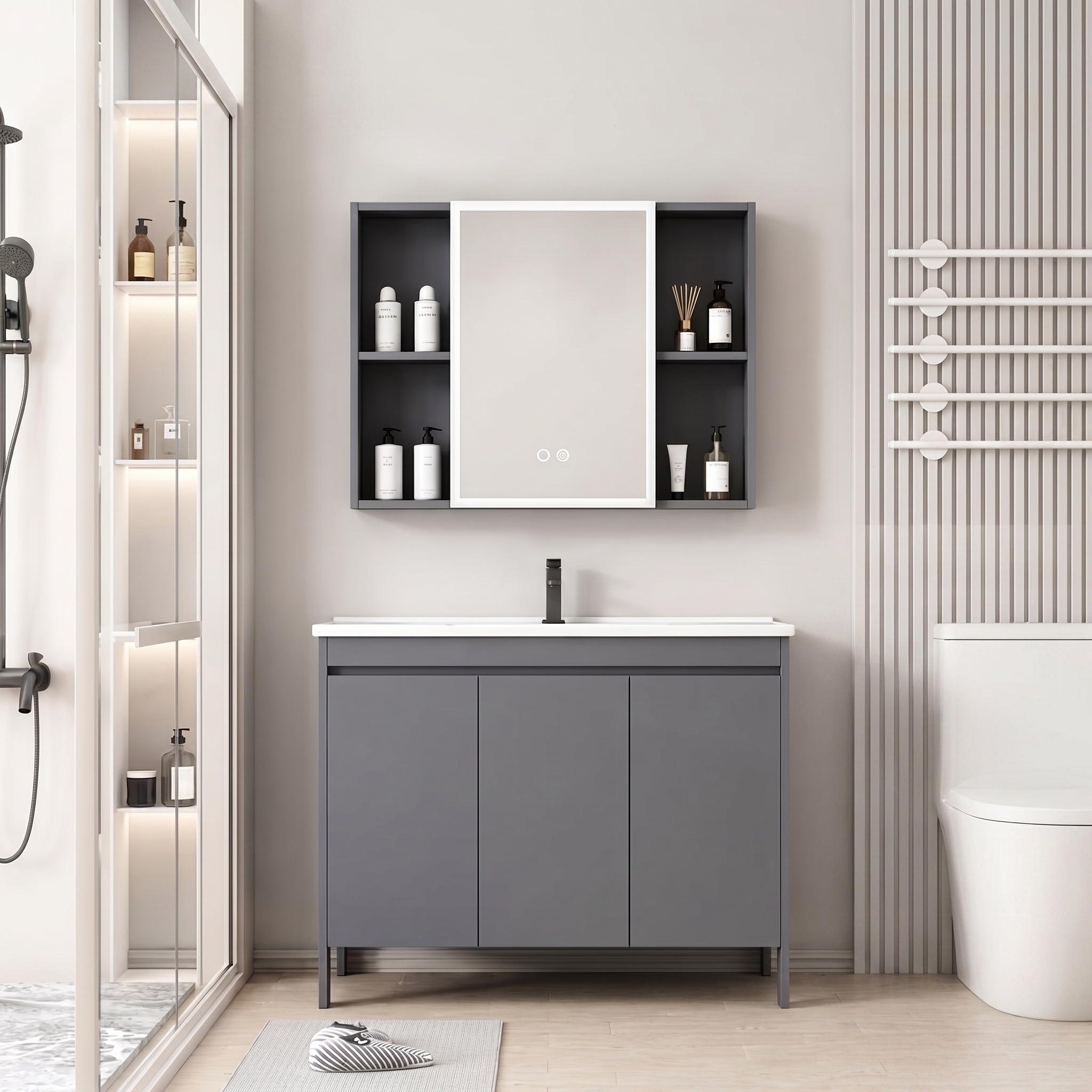 pack Ensemble Meuble de Salle de Bain Familial sur Pieds avec Armoire de Toilette LED Multi-Étagères - 90 cm (Gris)