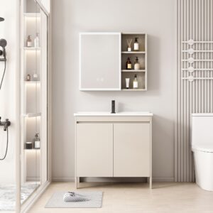 Ensemble Meuble de Salle de Bain Spacieux sur Pieds avec Armoire de Toilette LED - 80 cm (Beige)