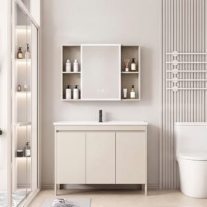 Ensemble Meuble de Salle de Bain Familial sur Pieds avec Grande Armoire de Toilette LED - 120 cm (Beige)
