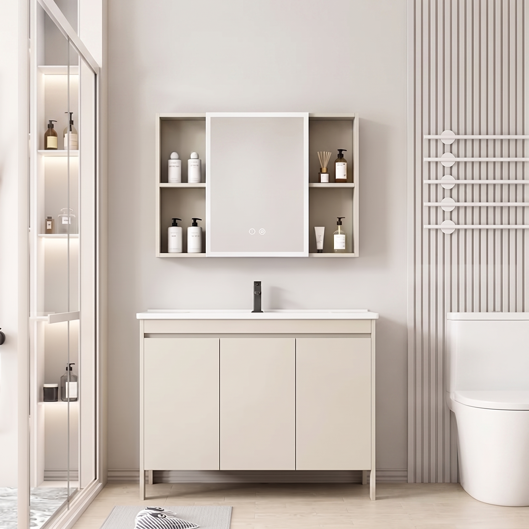 Pack Ensemble Meuble de Salle de Bain Spacieux sur Pieds avec Grande Armoire de Toilette LED - 90 cm (Beige)