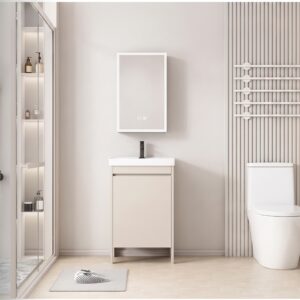 Ensemble Meuble de Salle de Bain Compact sur Pieds avec Armoire de Toilette LED - 50 cm (Beige)