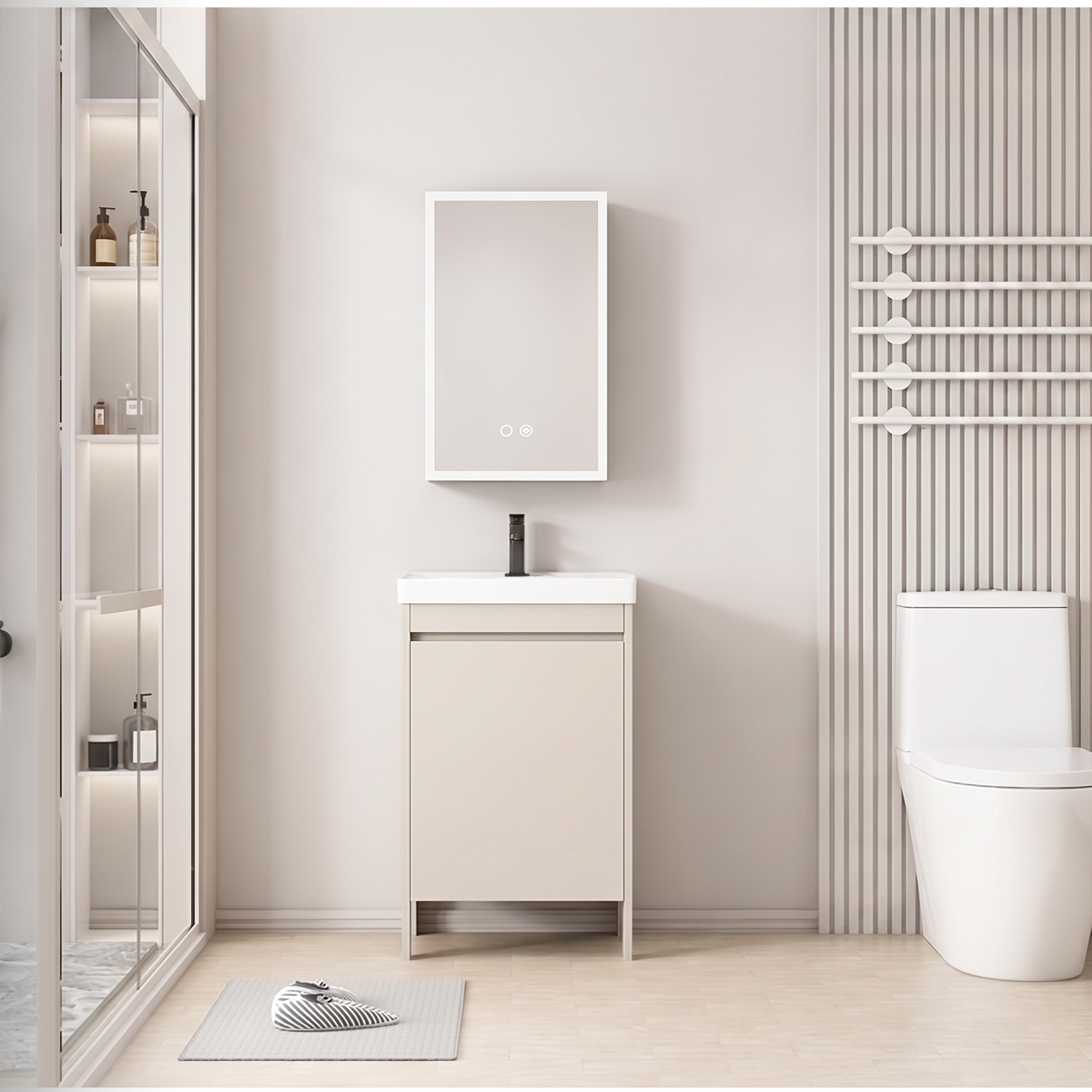 Pack Ensemble Meuble de Salle de Bain Compact sur Pieds avec Armoire de Toilette LED - 50 cm (Beige)