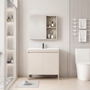 Ensemble Meuble de Salle de Bain Spacieux sur Pieds avec Armoire de Toilette - 80 cm (Beige)