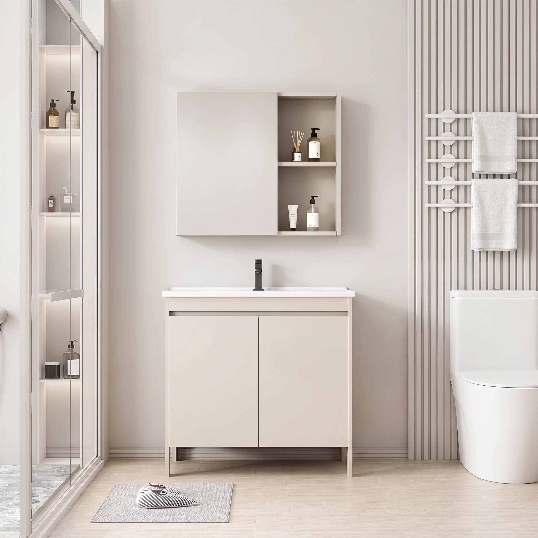 Pack Ensemble Meuble de Salle de Bain sur Pieds avec Armoire de Toilette et Étagères - 60 cm (Beige)