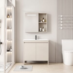 Ensemble Meuble de Salle de Bain Spacieux sur Pieds avec Armoire de Toilette LED Intégrée - 80 cm (Beige)