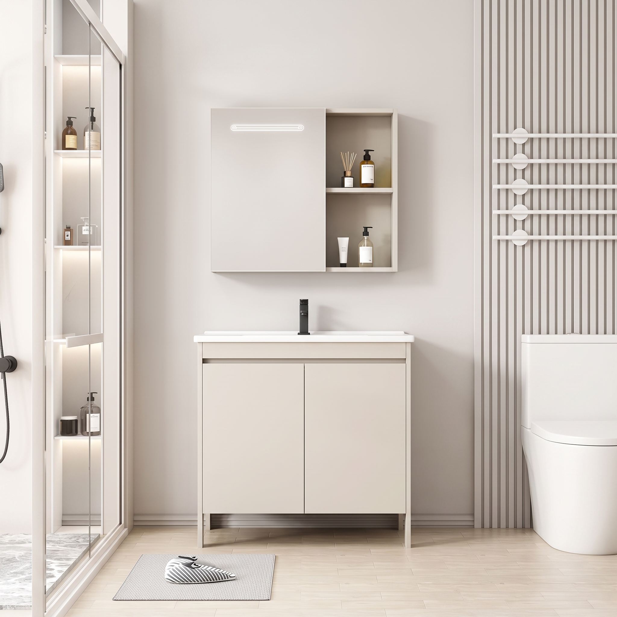 Pack Ensemble Meuble de Salle de Bain sur Pieds avec Armoire de Toilette LED Intégrée - 60 cm (Beige)