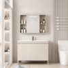 Pack Ensemble Meuble de Salle de Bain Familial sur Pieds avec Grande Armoire de Toilette LED Intégrée - 120 cm (Beige)