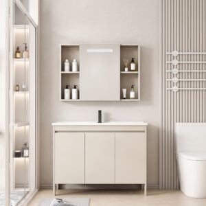 Ensemble Meuble de Salle de Bain Familial sur Pieds avec Grande Armoire de Toilette LED Intégrée - 120 cm (Beige)