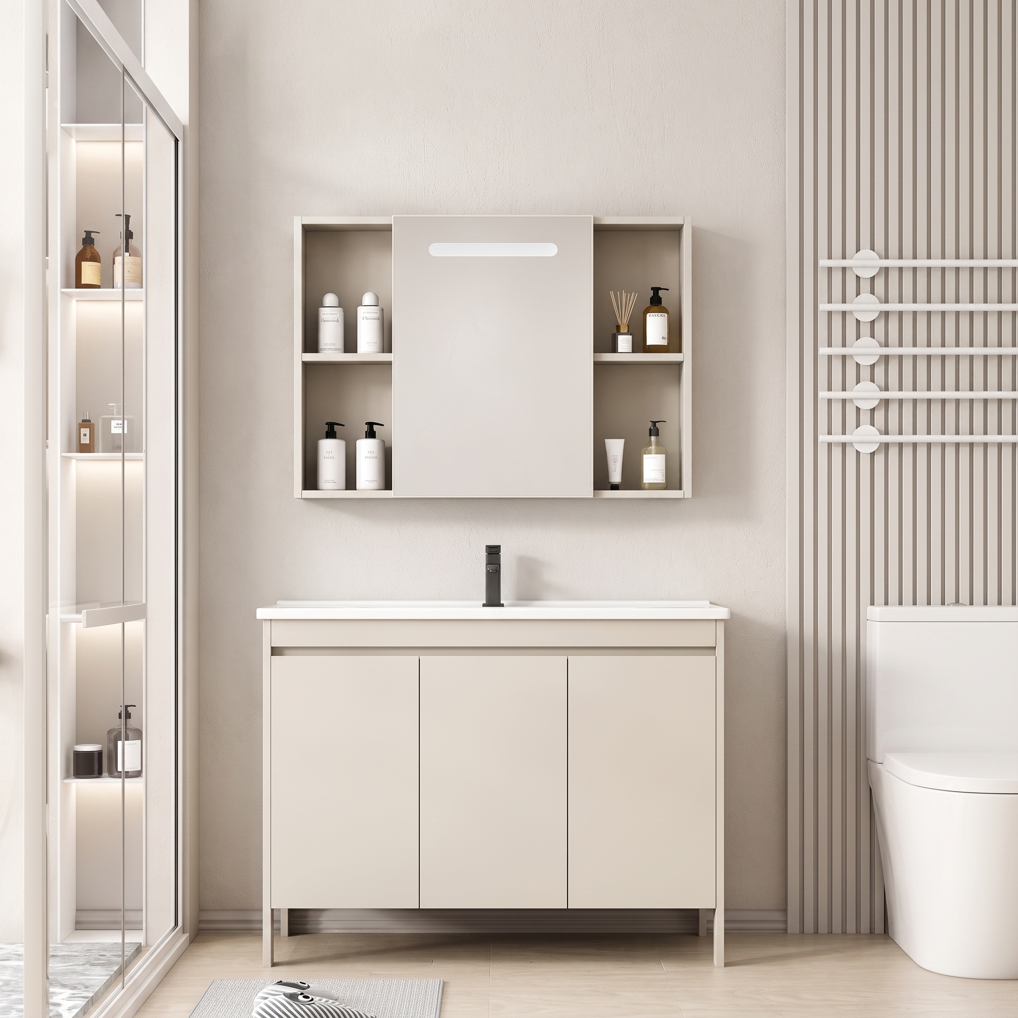Pack Ensemble Meuble de Salle de Bain Familial sur Pieds avec Grande Armoire de Toilette LED Intégrée - 120 cm (Beige)