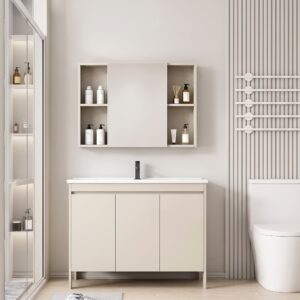 Ensemble Meuble de Salle de Bain Familial sur Pieds avec Grande Armoire de Toilette Symétrique - 120 cm (Beige)