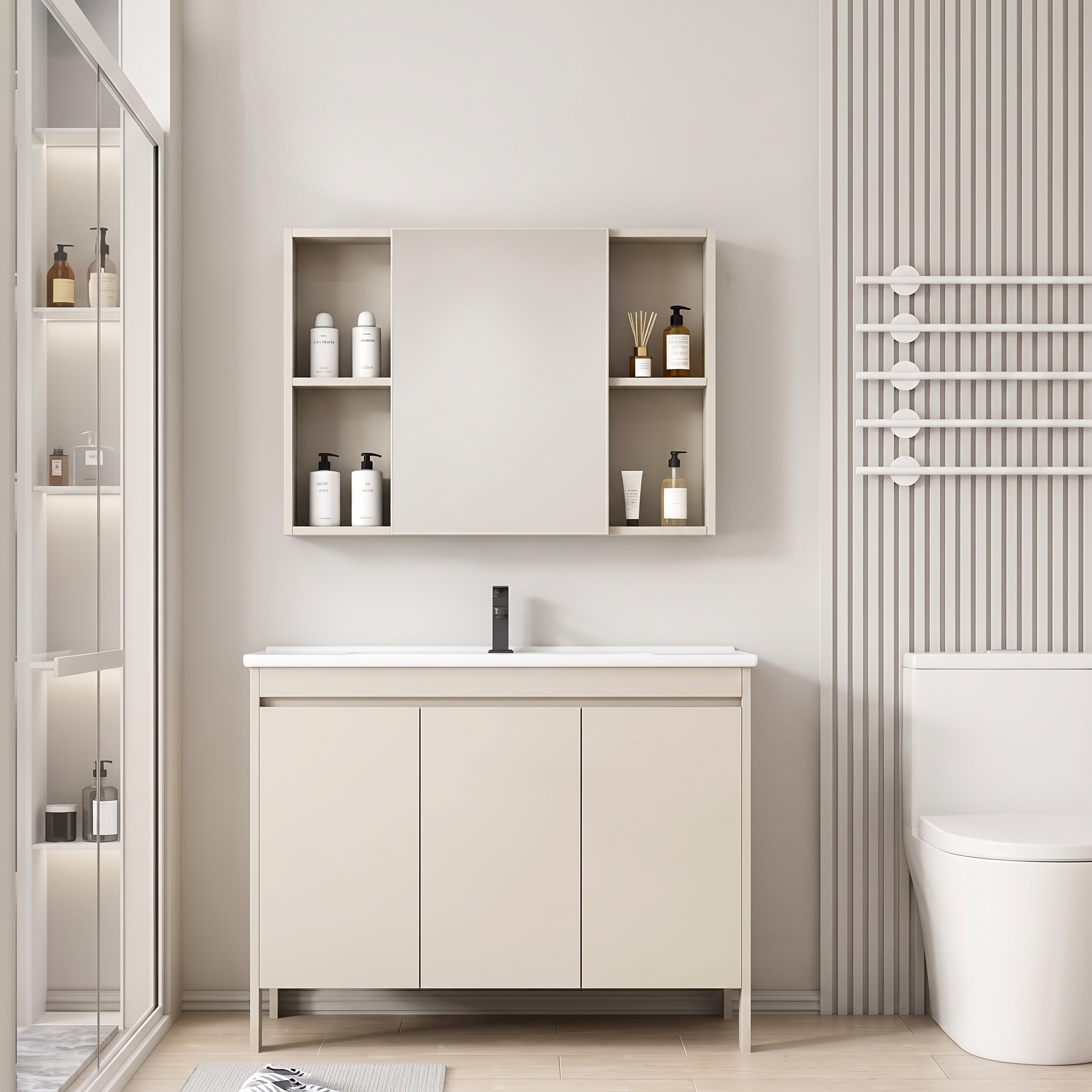 Pack Ensemble Meuble de Salle de Bain Familial sur Pieds avec Armoire de Toilette Symétrique - 100 cm (Beige)