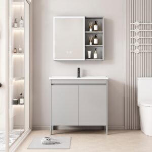 Ensemble Meuble de Salle de Bain sur Pieds avec Armoire de Toilette LED et Étagères - Modèle 2027 (Gris)