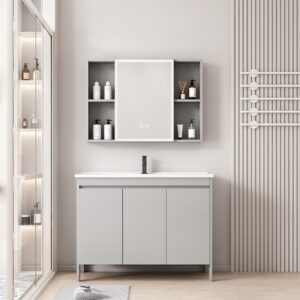 Ensemble Meuble de Salle de Bain Familial sur Pieds avec Grande Armoire de Toilette LED Symétrique - 120 cm (Gris)