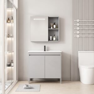 Ensemble Meuble de Salle de Bain Spacieux sur Pieds avec Armoire de Toilette LED Intégrée - 80 cm (Gris)