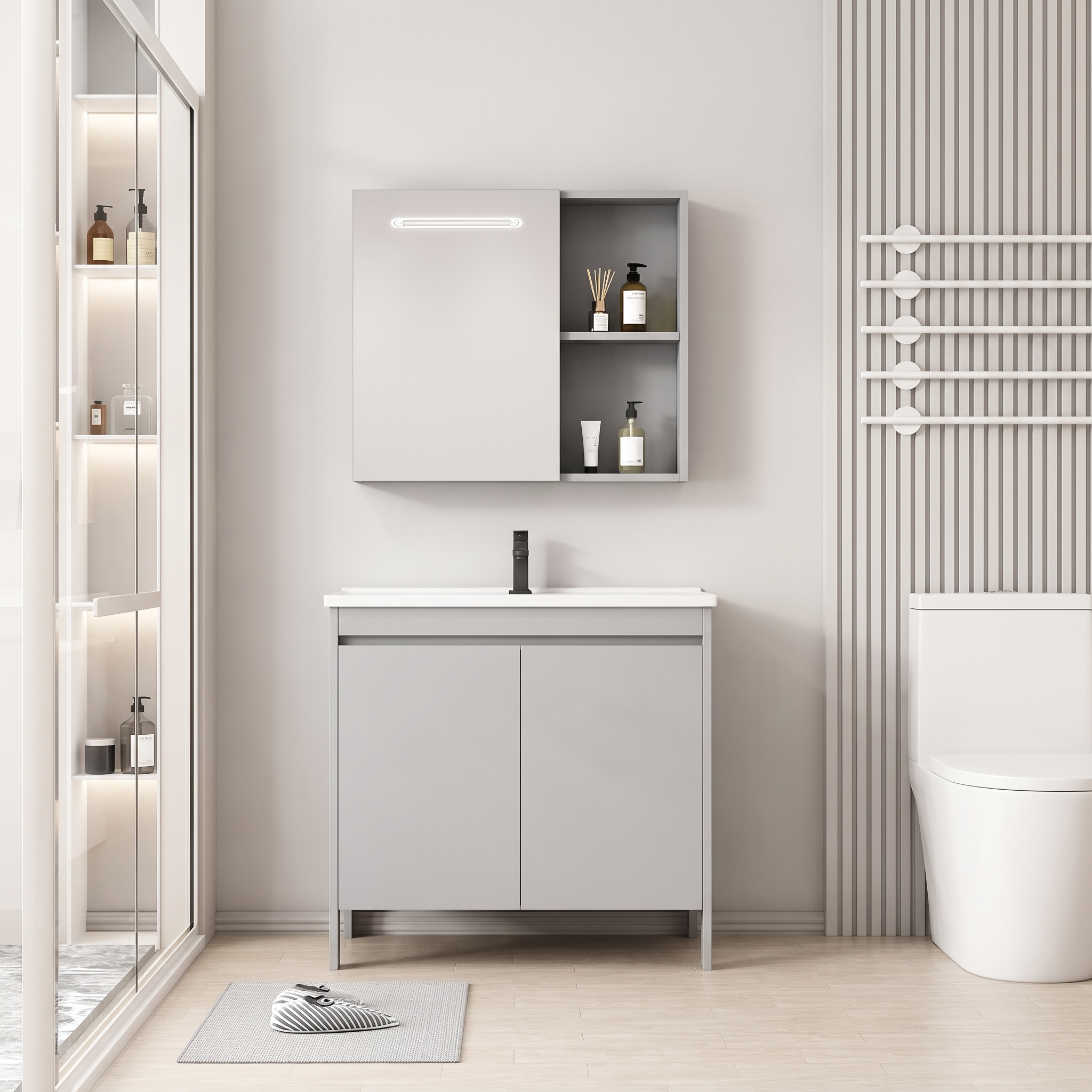 Pack Ensemble Meuble de Salle de Bain sur Pieds avec Armoire de Toilette LED Intégrée - 70 cm (Gris)