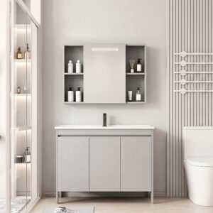 Ensemble Meuble de Salle de Bain Familial sur Pieds avec Grande Armoire de Toilette LED Intégrée - 110 cm (Gris)