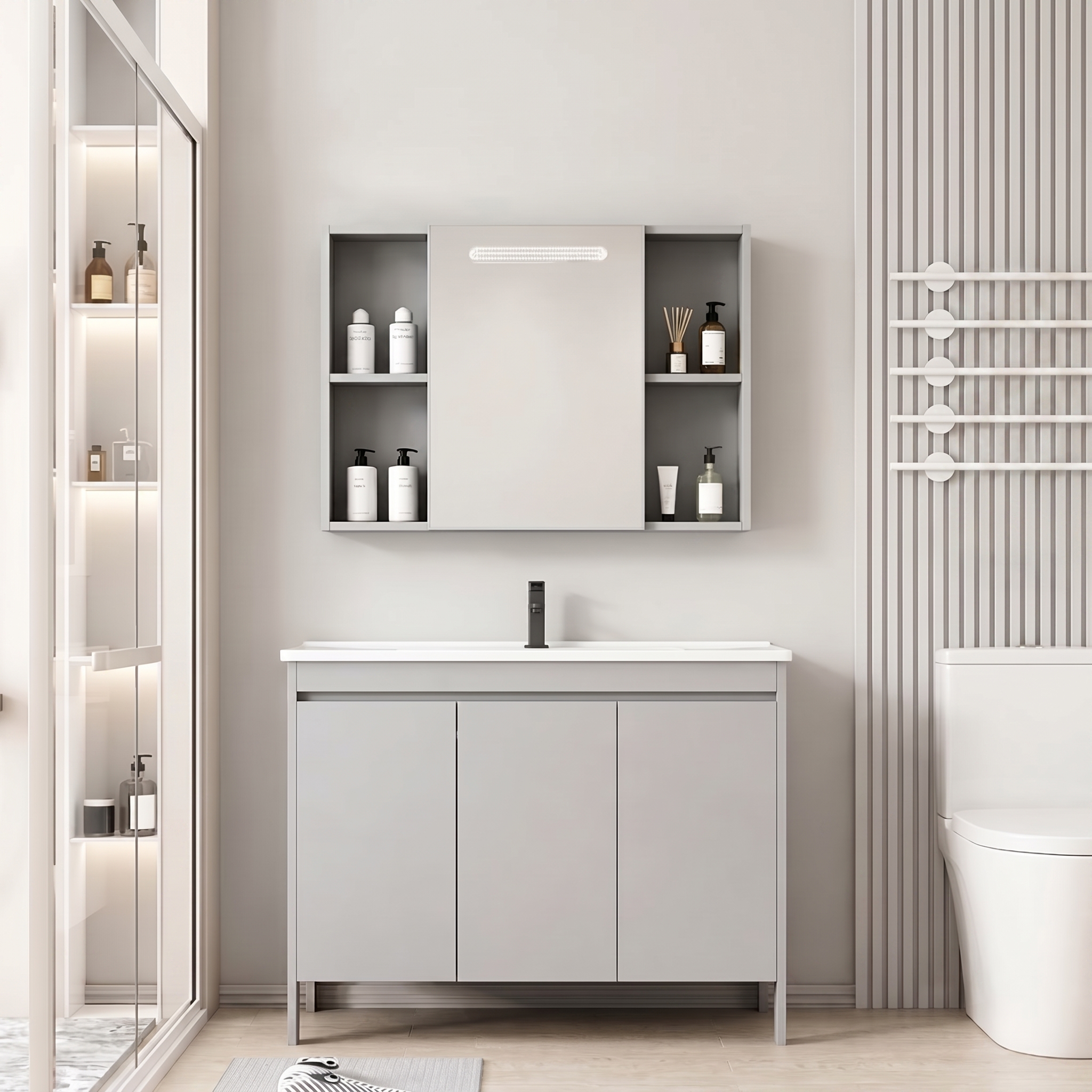 Pack Ensemble Meuble de Salle de Bain Familial sur Pieds avec Grande Armoire de Toilette LED Intégrée - 120 cm (Gris)