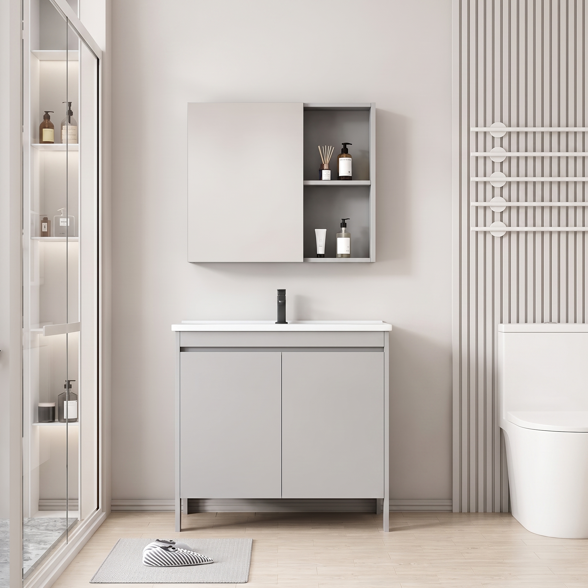 Pack Ensemble Meuble de Salle de Bain Compact sur Pieds avec Armoire de Toilette - 60 cm (Gris)