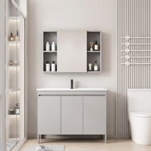 Ensemble Meuble de Salle de Bain Spacieux sur Pieds avec Armoire de Toilette Symétrique - 90 cm (Gris)