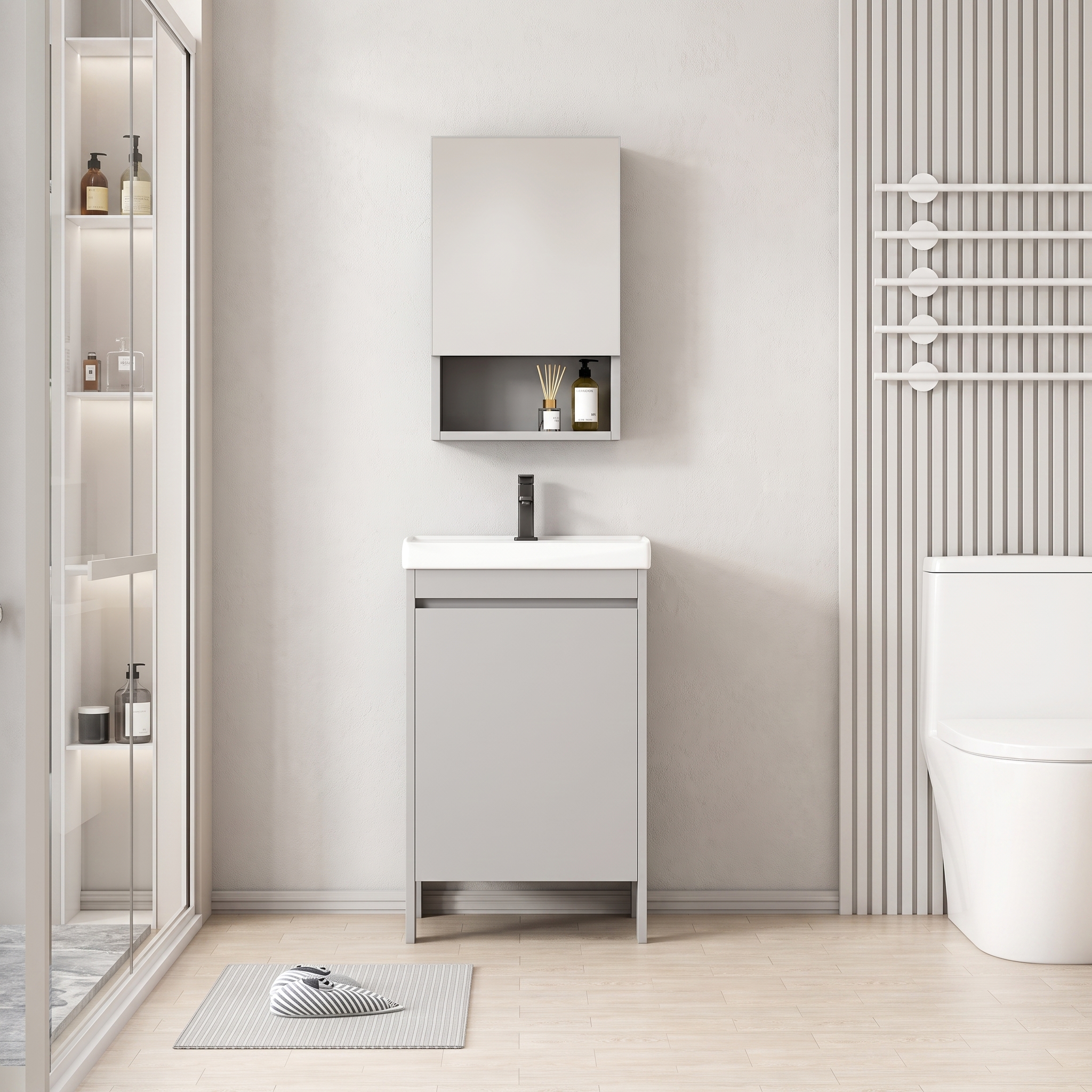 Pack Ensemble Meuble de Salle de Bain Compact sur Pieds avec Armoire de Toilette et Niche - 50 cm (Gris)