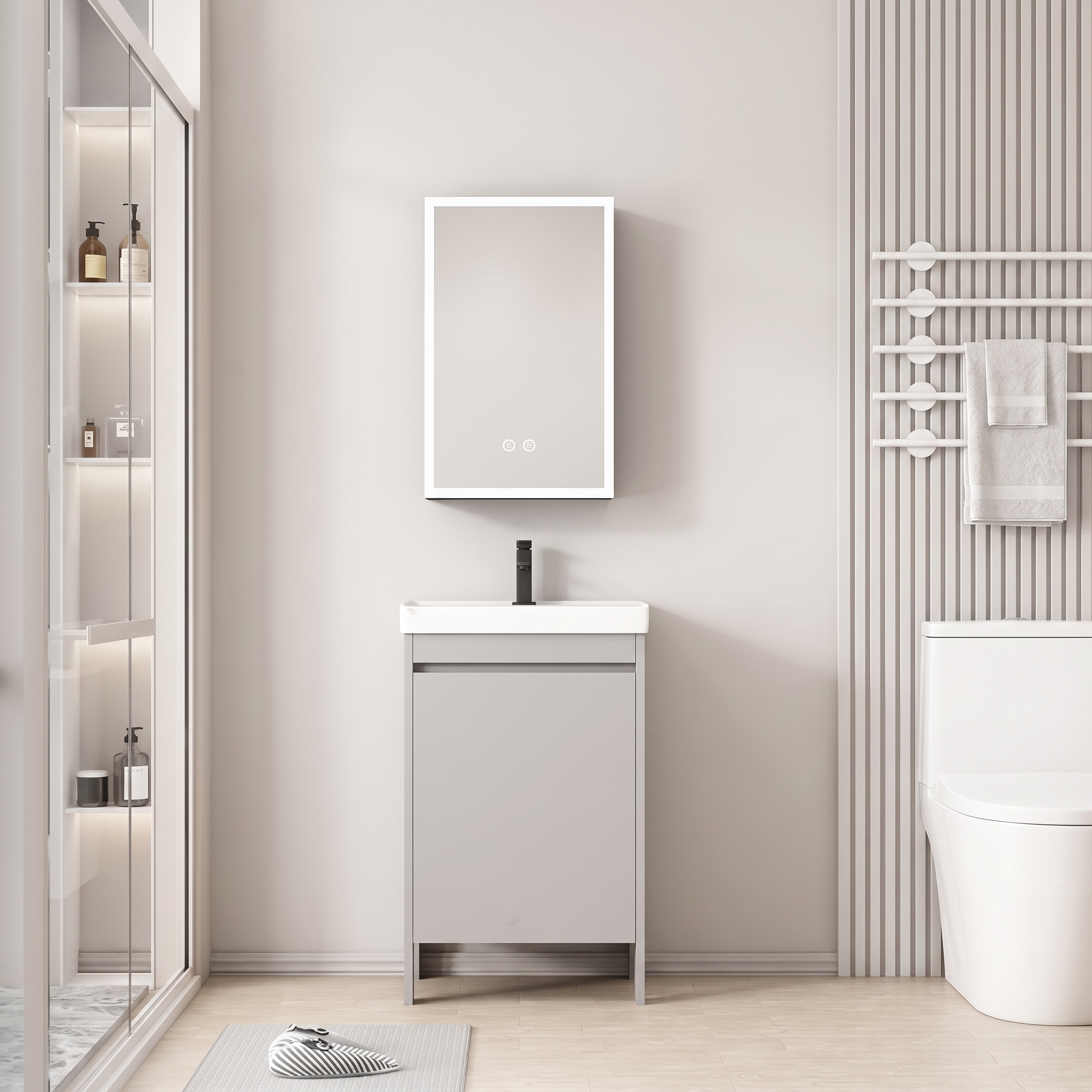 Pack Ensemble Meuble de Salle de Bain Compact sur Pieds avec Armoire de Toilette LED - 50 cm (Gris)