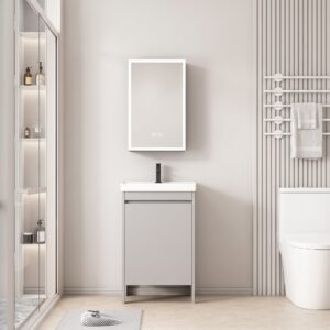 Ensemble Meuble de Salle de Bain Ultra-Compact sur Pieds avec Armoire de Toilette LED - 40 cm (Gris)