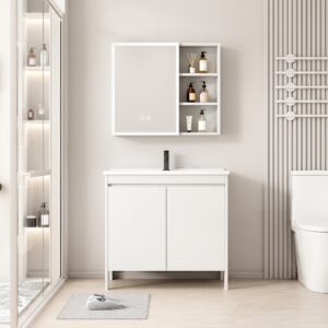 Ensemble Meuble de Salle de Bain sur Pieds avec Armoire de Toilette LED et Étagères - Modèle 2028 (Blanc)