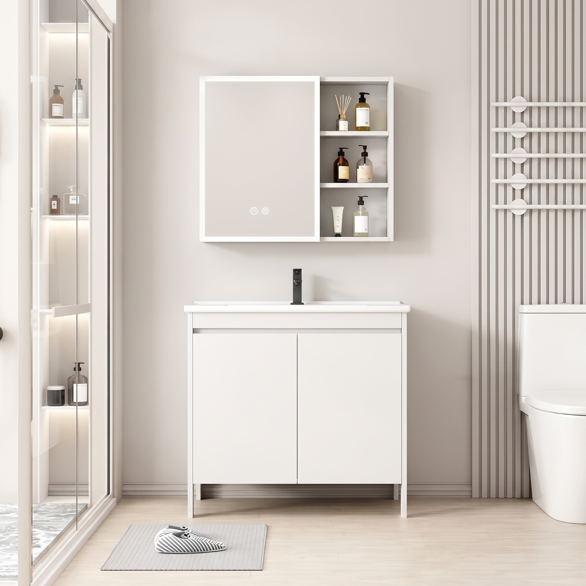 Pack Ensemble Meuble de Salle de Bain sur Pieds avec Armoire de Toilette LED et Étagères - Modèle 2028 (Blanc)